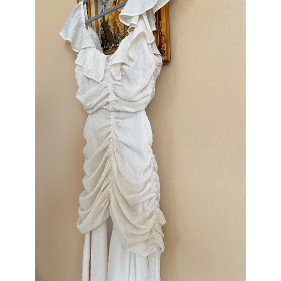 ASTR Ivory Cream Off White Swiss Dot Textured Ruched Ruffle Cut Out Midi Dress - Picture 10 of 17